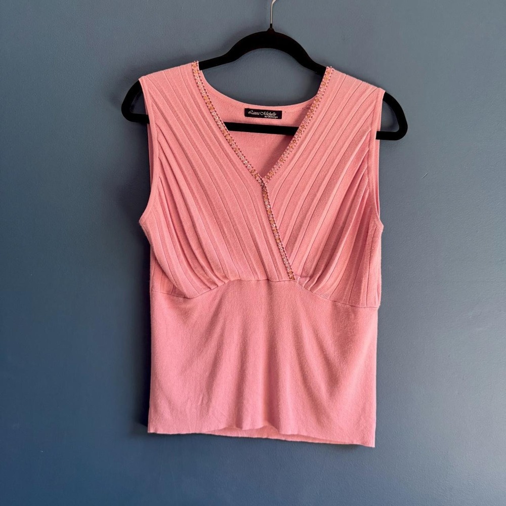 Y2K Knit Tank Top Women's Size Large Pink Laura Michelle Beaded CB Design Femme